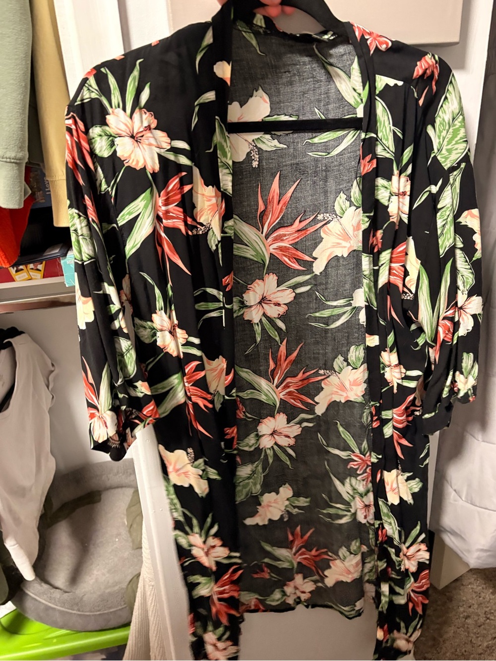 Streetwear Society Black Floral Swim Coverup with Coral and Green Accents